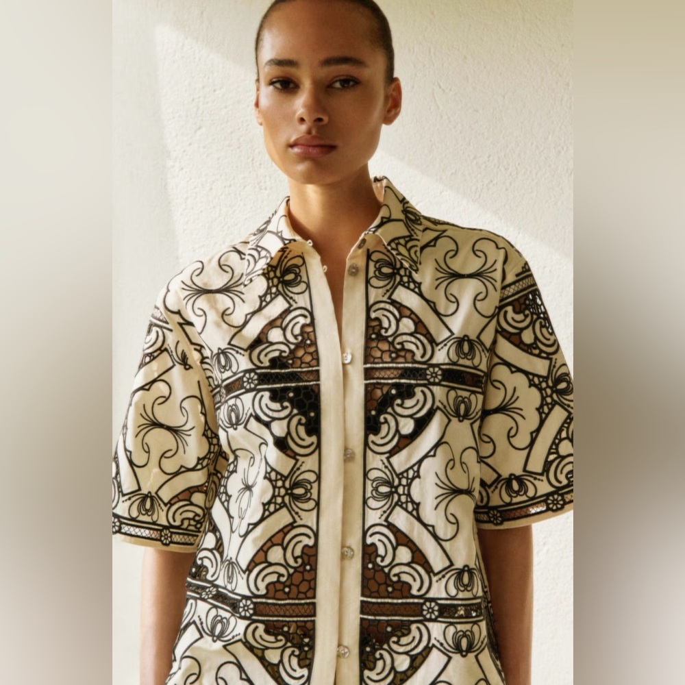 H&M NWT EMBROIDERED CREAM AND BLACK SHIRT - Picture 4 of 9